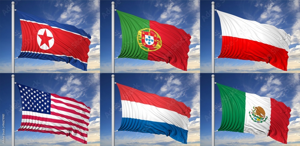 Obraz premium Collection of six flags of North Korea, Portugal, Poland, USA, Russia, Mexico,