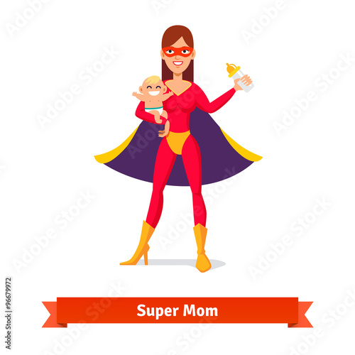 Super mother holding son in her arms