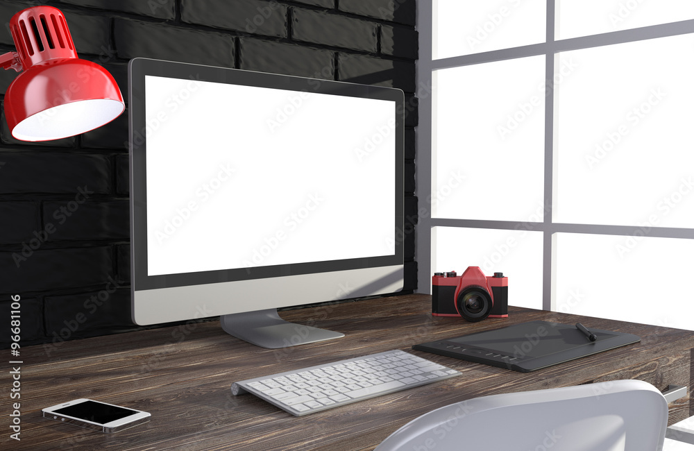 Fototapeta premium 3D illustration PC screen on table in office, Workspace