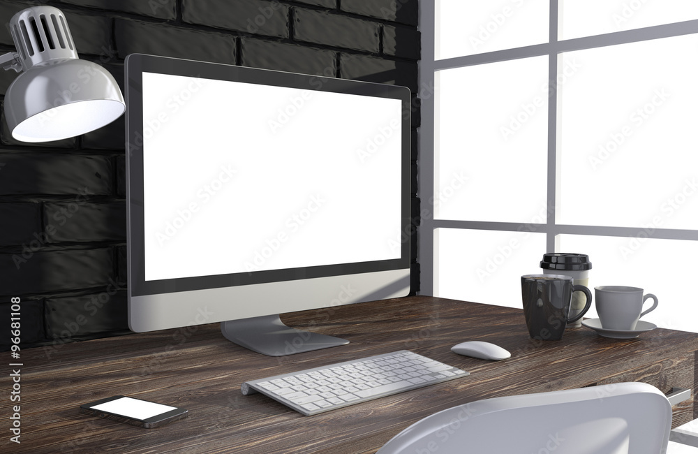 Fototapeta premium 3D illustration PC screen on table in office, Workspace
