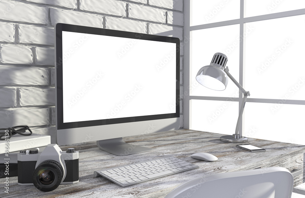 Fototapeta premium 3D illustration PC screen on table in office, Workspace