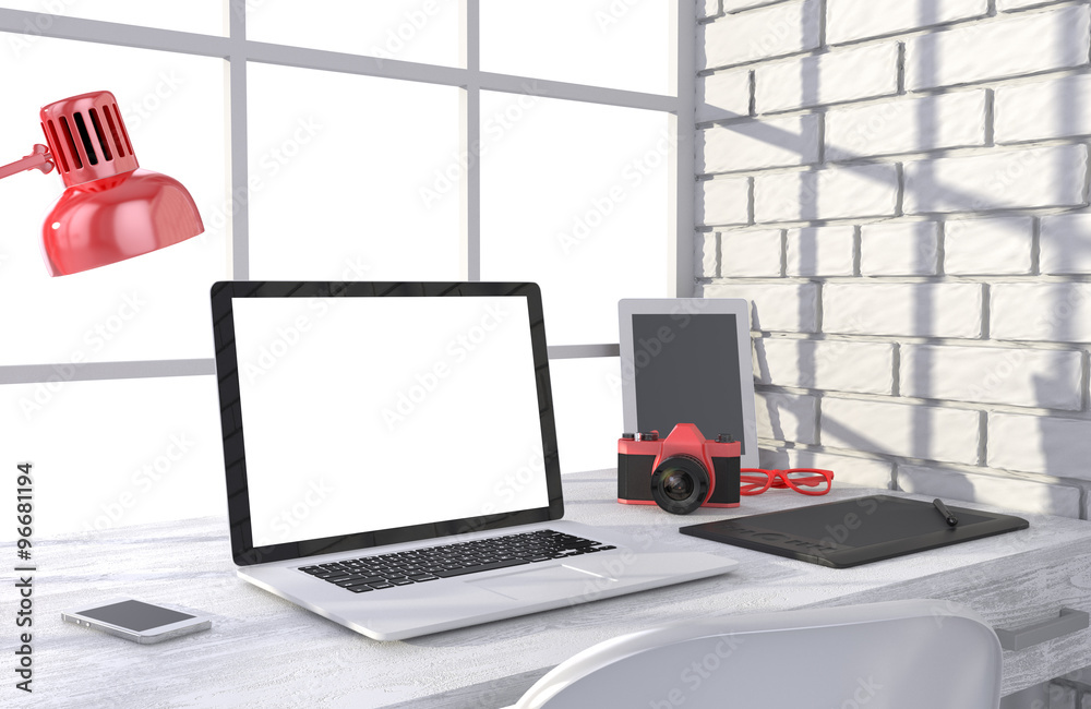 3D illustration laptop and work stuff on table near brick wall, Workspace 3D illustration laptop and work stuff on table near brick wall, Workspace