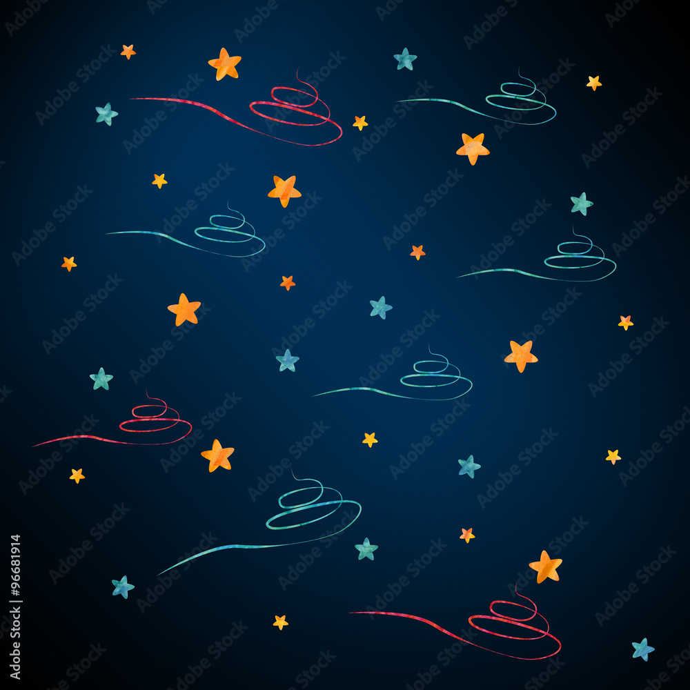 Background with stars and firs in watercolor style for christmas