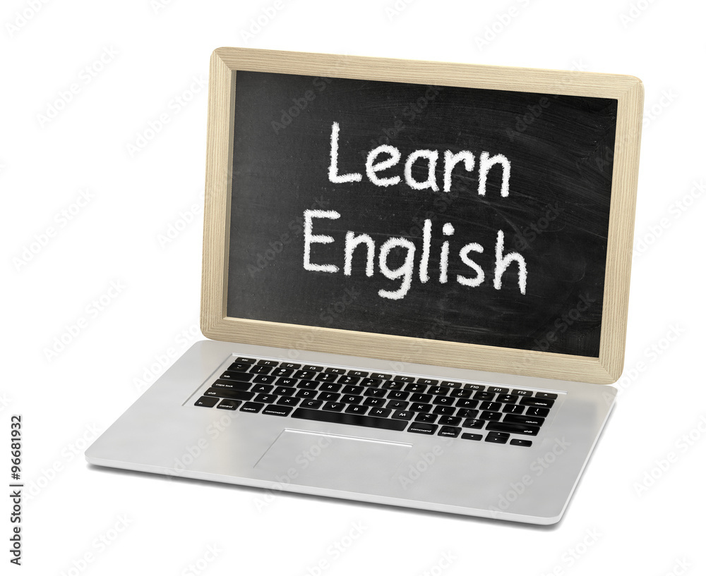  Laptop with chalkboard, learn english, online education concept