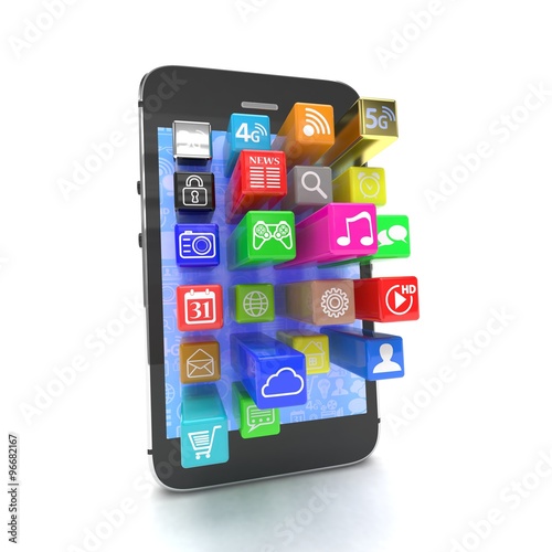 application software icons extruding from smartphone, isolated on white