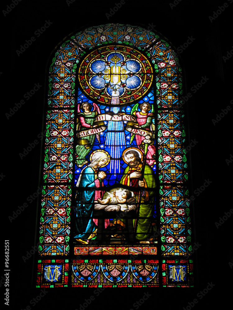 Nativity scene. Stained glass window in the  Basilica of  the   Monastery  Montserrat, located in the mountains 56 km from Barcelona, Catalonia, Spain. 