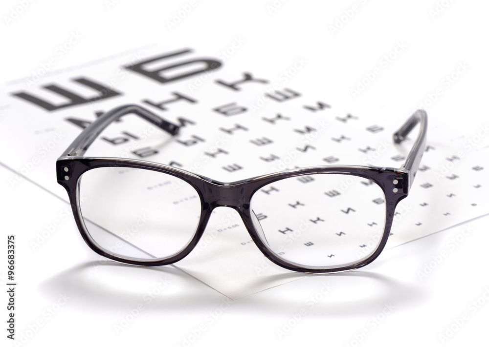 Reading eyeglasses and eye chart close-up on a light background Reading eyeglasses and eye chart close-up on a light background