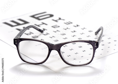 Reading eyeglasses and eye chart close-up on a light background