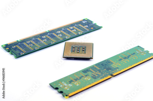 CPU, RAM module on white background. Selective focus. Shallow DO