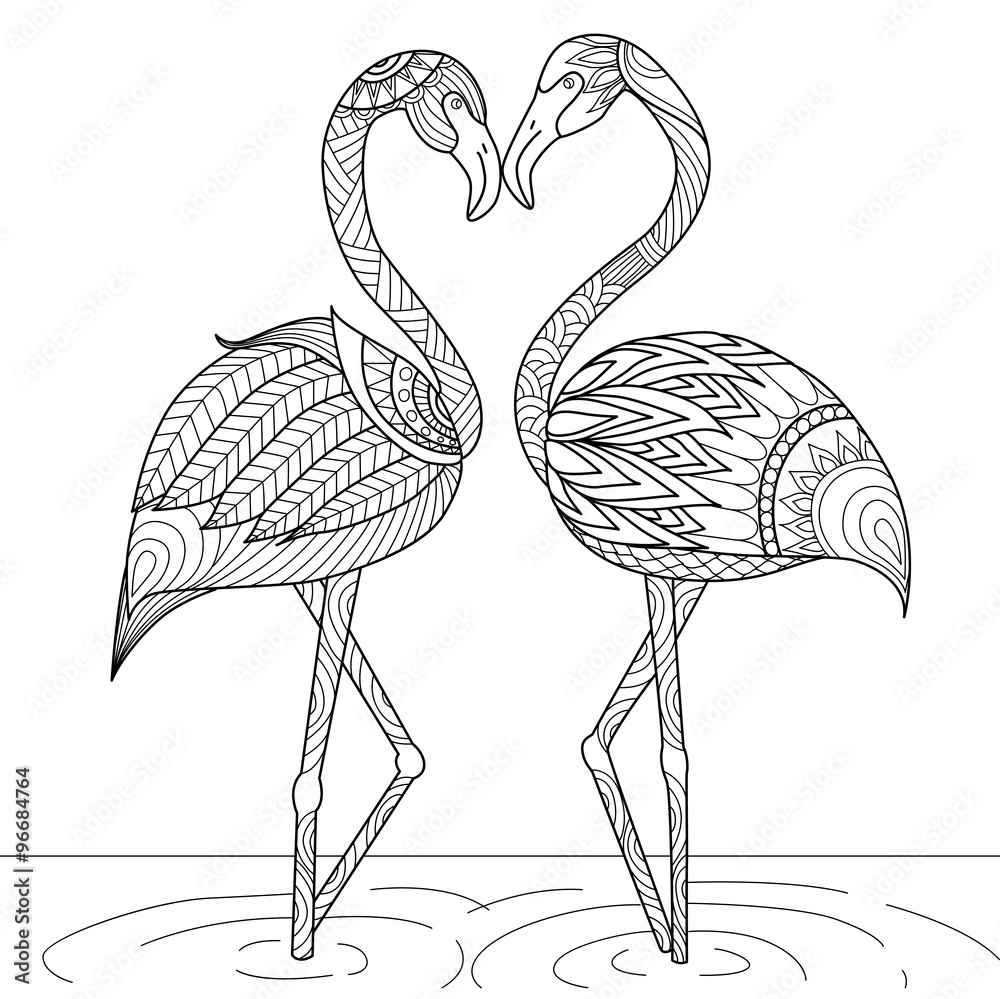 Fototapeta premium Hand drawn flamingo couple zentangle style for coloring book,invitation card,logo,shirt or bag design