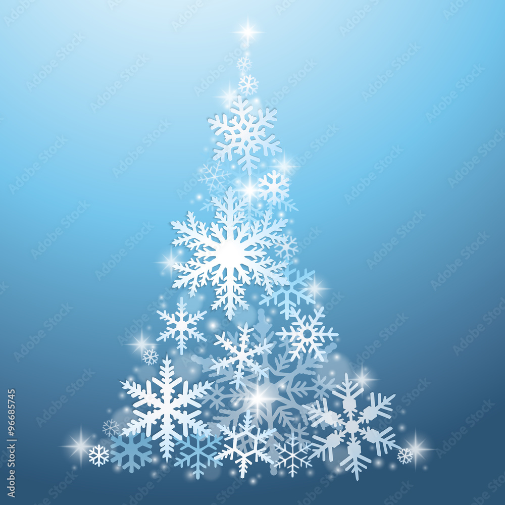 Abstract Christmas tree from snowflakes on blue background Abstract Christmas tree from snowflakes on blue background