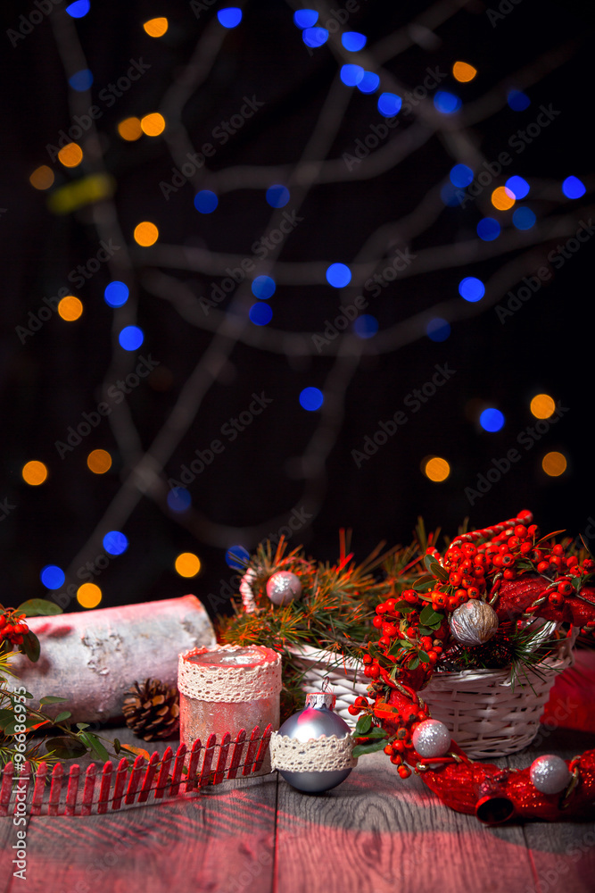 Christmas background on wooden table and copy space, bokeh in the background