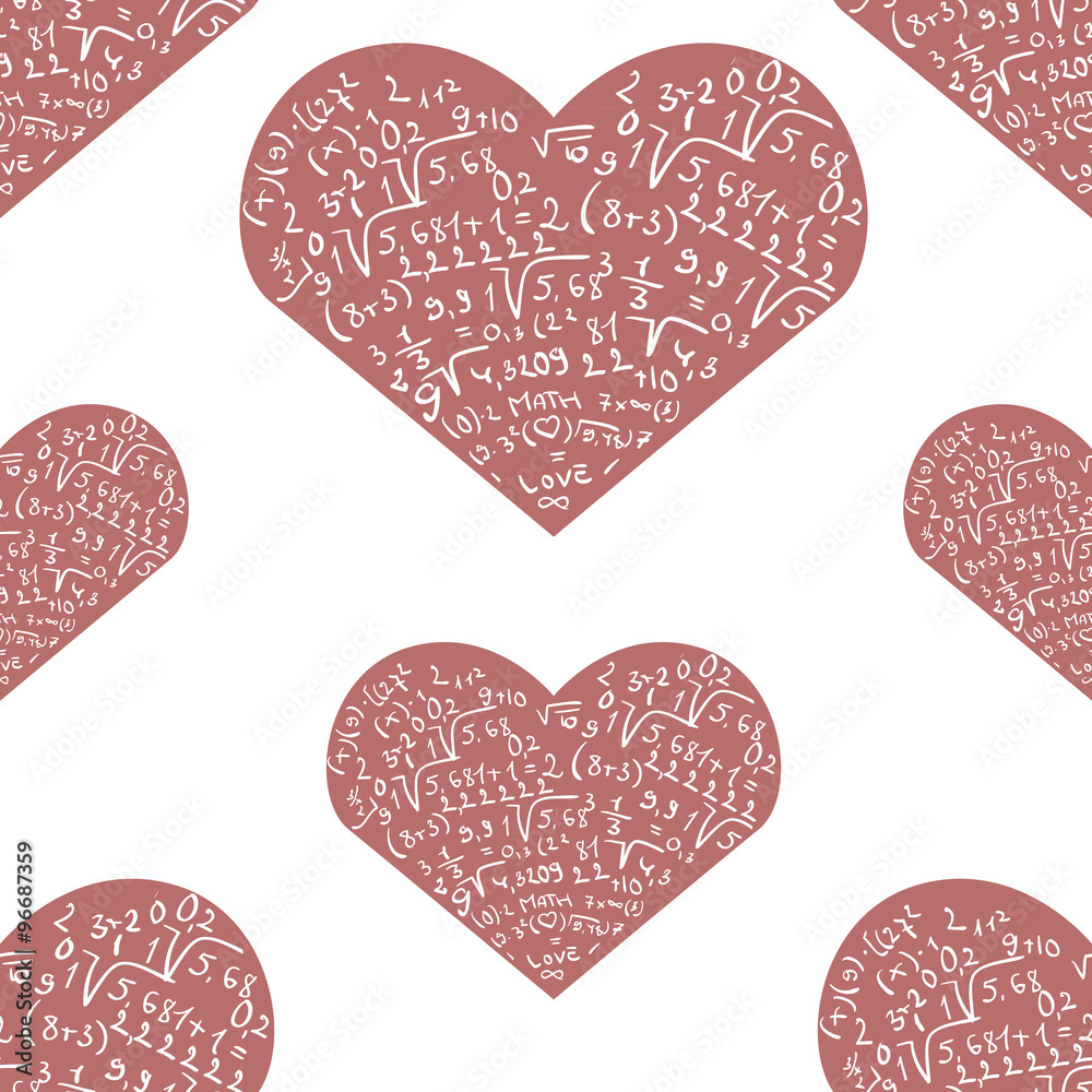 Seamless pattern with mathematics formula on pink heart shapes Seamless pattern with mathematics formula on pink heart shapes
