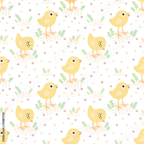 Yellow cute baby chickens vector seamless pattern