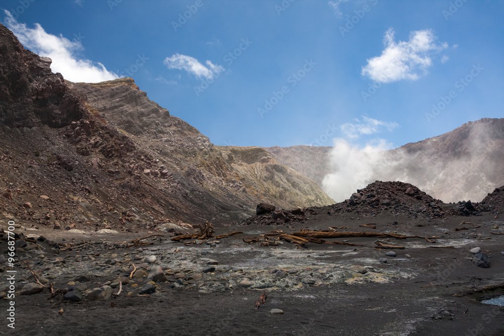 Volcanic Desert, Black Lava Sand, Smoking Earth - Whakarri or White Island in the Bay of Plenty, New Zealand.