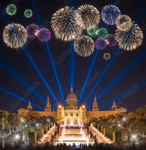 Beautiful fireworks under Magic Fountain in Barcelona