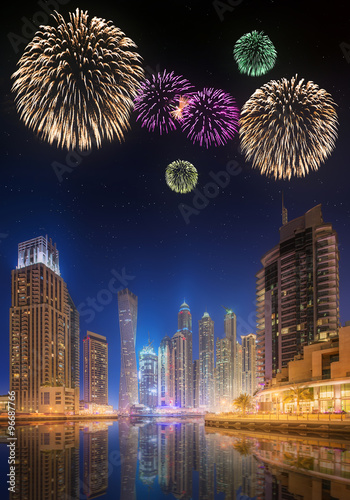 Photography Beautiful fireworks in Dubai marina. UAE