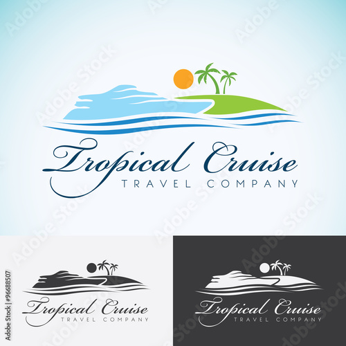 Yacht, Palm trees and sun, travel company logo design template. sea cruise, tropical island or vacation logotype icon