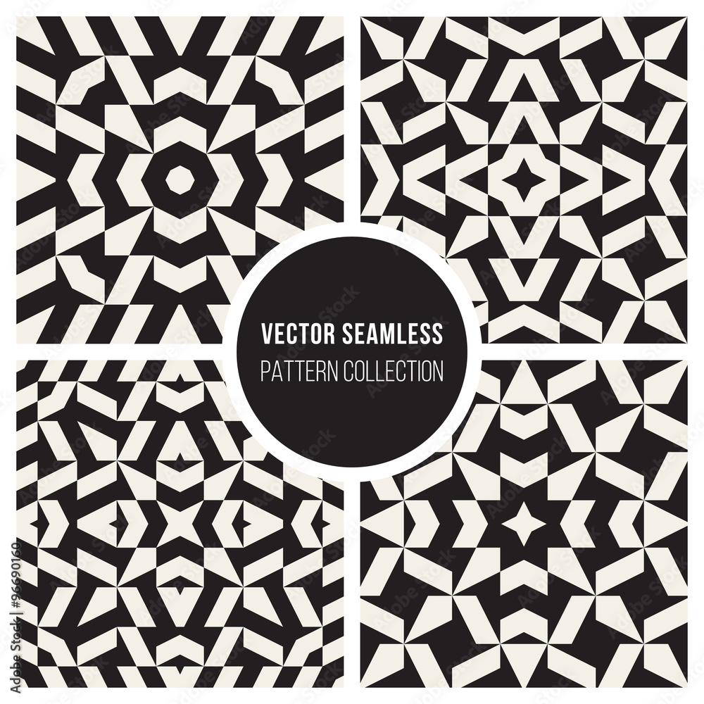 Set of Four Vector Seamless Black And White Ethnic Geometric Ornamental Star Pattern