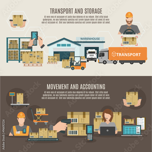 Warehouse storeroom flat banners composition poster 