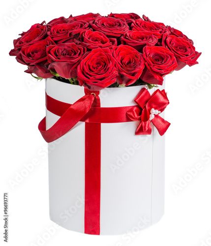 Fototapeta Naklejka Na Ścianę i Meble -  gift hatbox with colorful red roses on Valentine's day holiday,