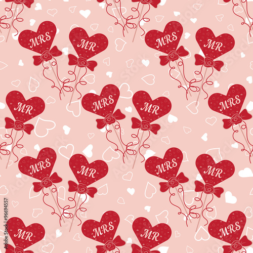 Wedding seamless pattern with hearts MR and MRS on a stick