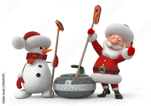 Santa Claus and snowman plays curling