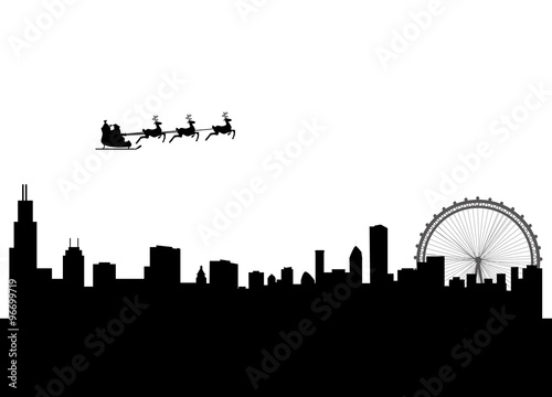 santa flying over the city of chicago