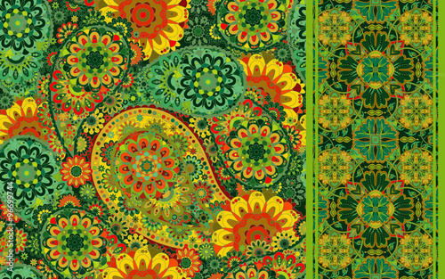 Set of paisley floral seamless pattern with seamless ribbon. Vector floral background