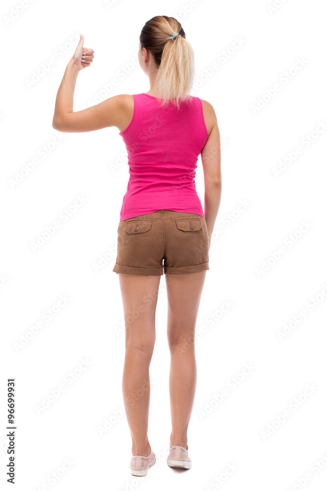 Back view of woman thumbs up Back view of woman thumbs up