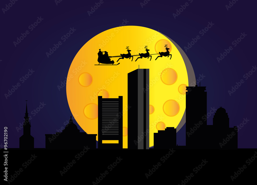 santa flying over the city of boston