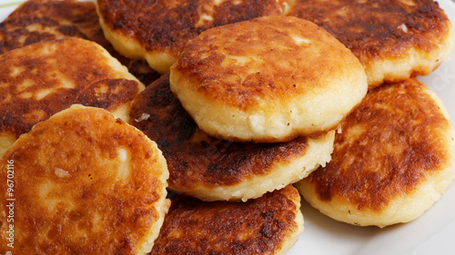 Closeup curd pancake on white plate