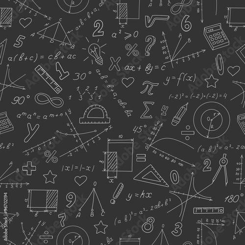 Seamless background with formulas and charts on the topic of mathematics and education, white marker on black background
