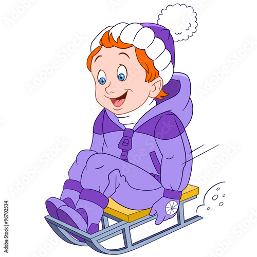 happy cartoon boy sledging down on the snow
