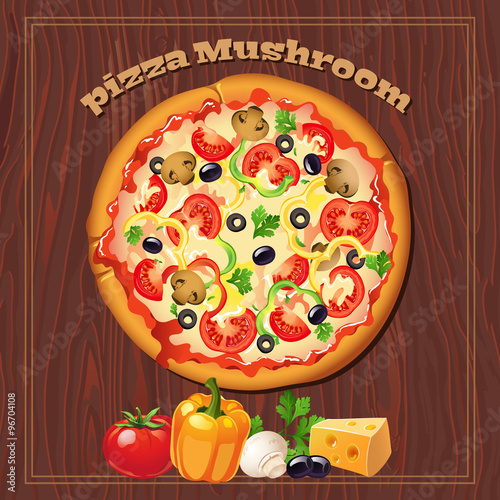 Yummy mushroom pizza on the wood background with ingredients.