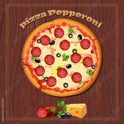 Yummy pizza pepperoni on the wood background with ingredients.