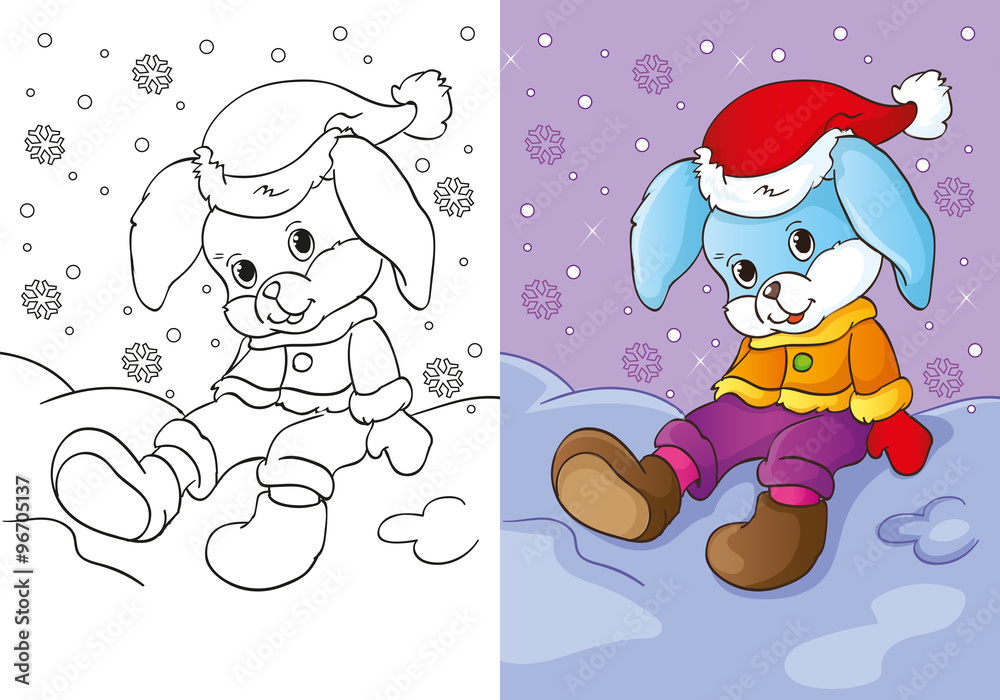 Fototapeta premium Coloring Book Of Bunny Sitting In The Snow