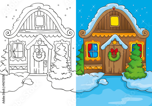 Coloring Book Of Christmas House At Night