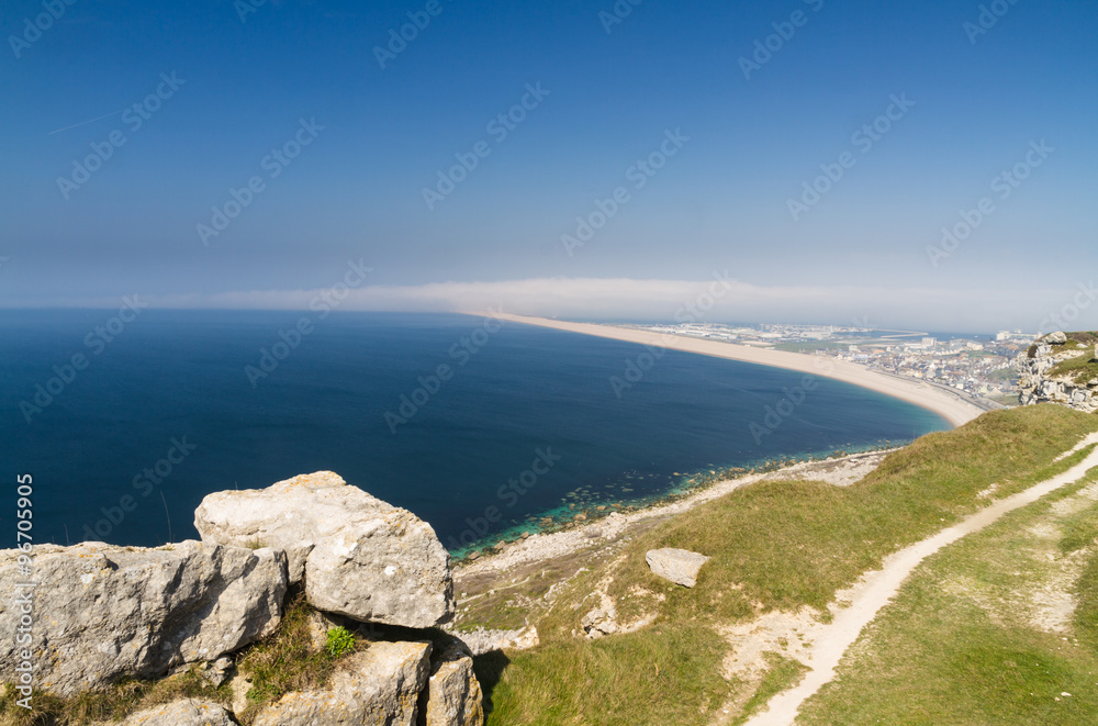 The Chesil Beach, seen from Portland Bill. Stock Photo Adobe Stock