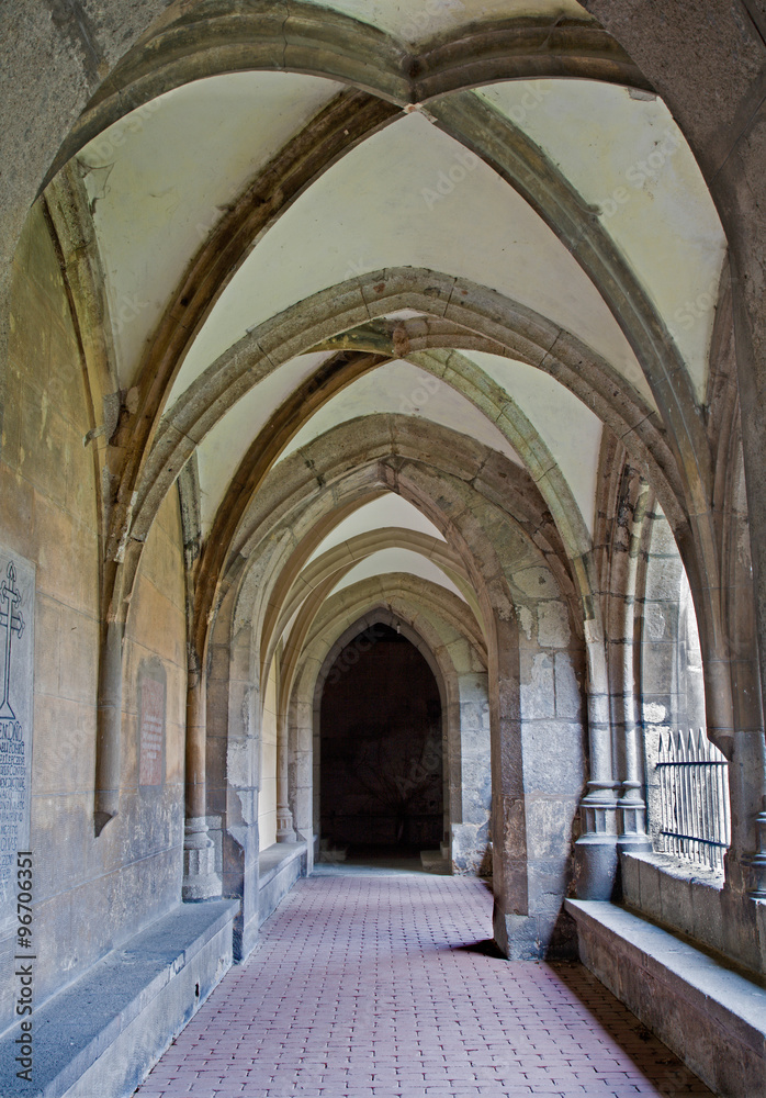 Slovakia - Hronsky Benadik - gothic corridor of atrium - old benedictine cloister; 