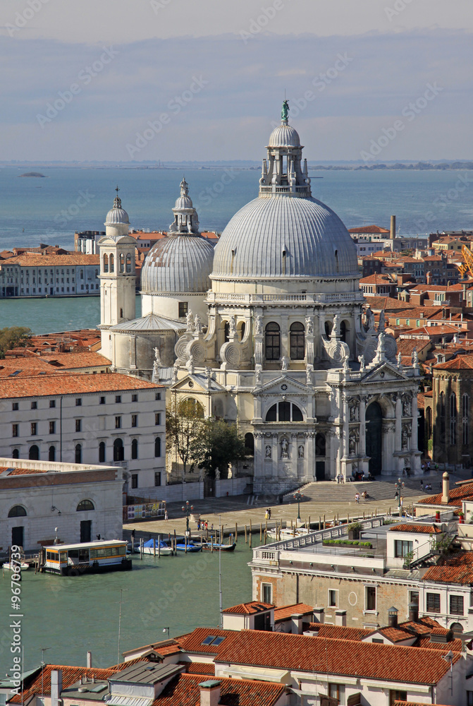 VENICE, ITALY - SEPTEMBER 02, 2012: Aerial view of the Basilica Santa Maria della Salute from St Mark's Campanile bell tower