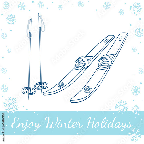 Skis With Classic Bindings And Ski Poles