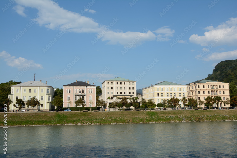 Buildings at Salzach river in Salzburg in Austria