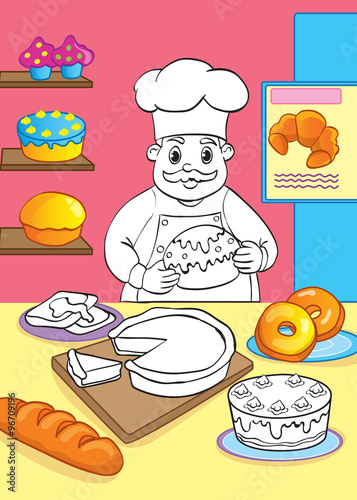 Coloring Book Of Cook With Cakes And Pastries