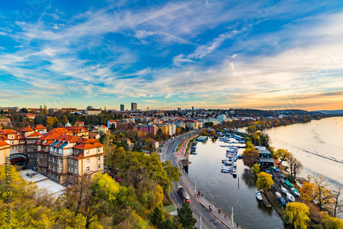 Evening Prague scene over Vltava/Moldau river in Prague taken from the top of Vysehrad castle, Czech Republic © daliu