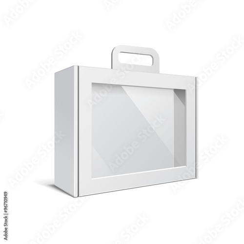 Carton Or Plastic White Blank Package Box With Handle. Briefcase, Case, Folder, Portfolio Case. 