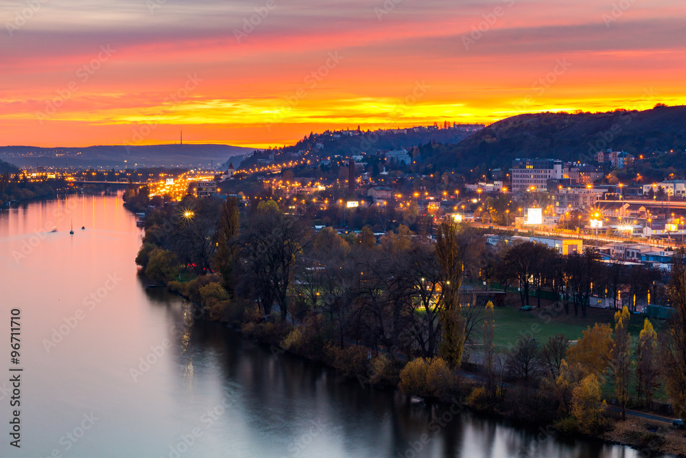 View from the southern tip of Vysehrad fortress on the river Vltava in night, Prague
