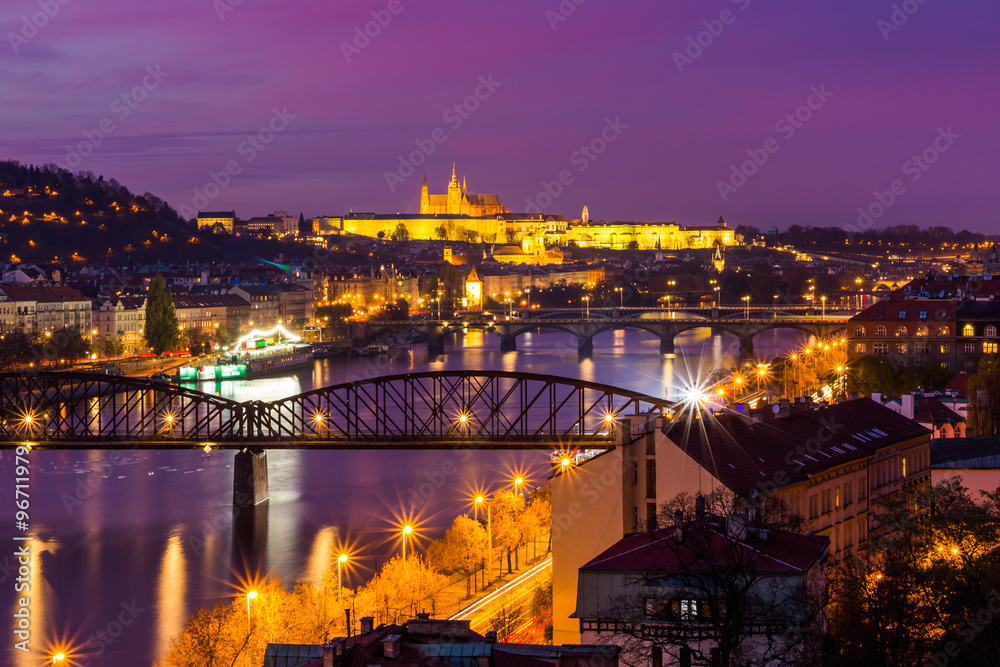 panorama view of the prague castle and left bank of the vltava / moldau river taken from the vysehrad castle.