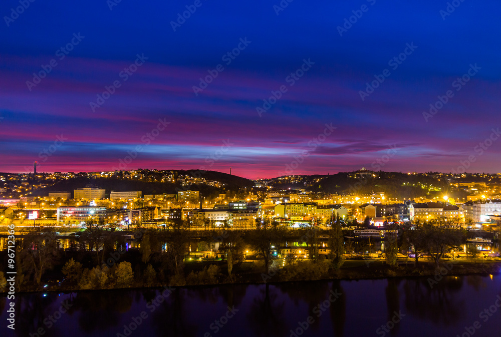 View to the night small district in big city Prague at blue hour, Czech Republic.