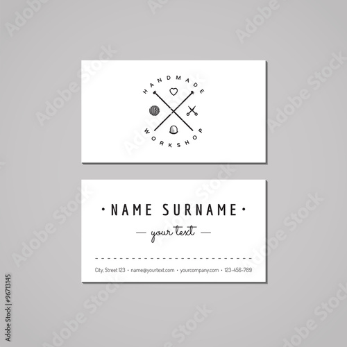 Handmade workshop business card design concept. Handmade workshop logo with yarn ball, knitting needles, scissors, heart and thimble. Vintage, hipster and retro style. Black and white.